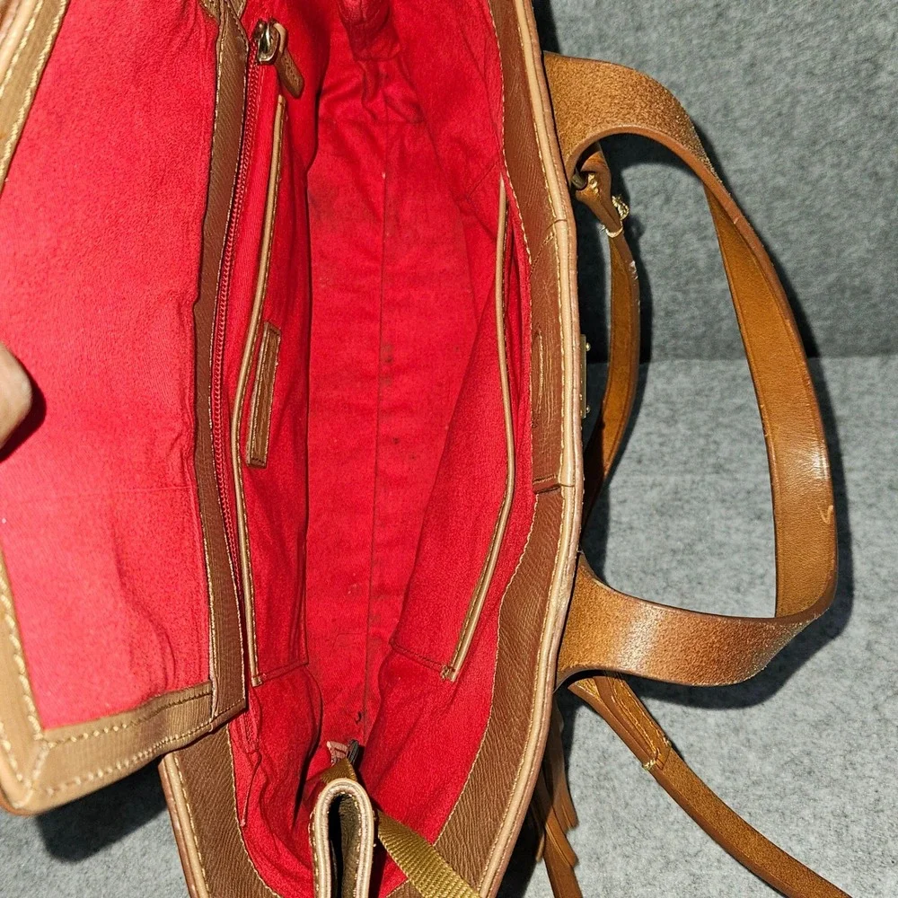 Dooney & Bourke Tan Leather Tassel Satchel Crossbody Bag Gold Hardware